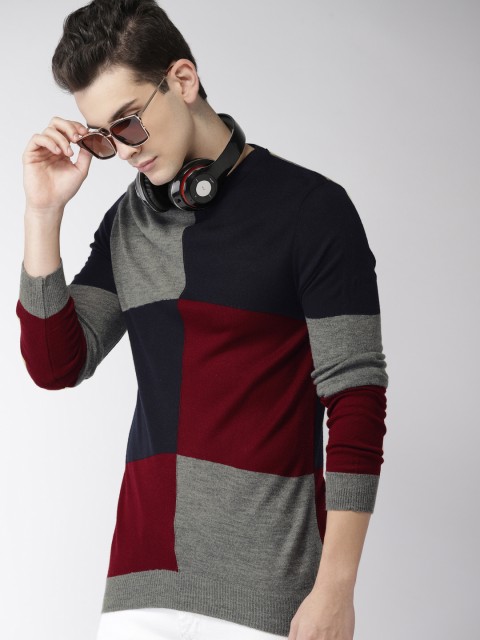 

Harvard Men Grey Melange & Navy Blue Colourblocked Pullover