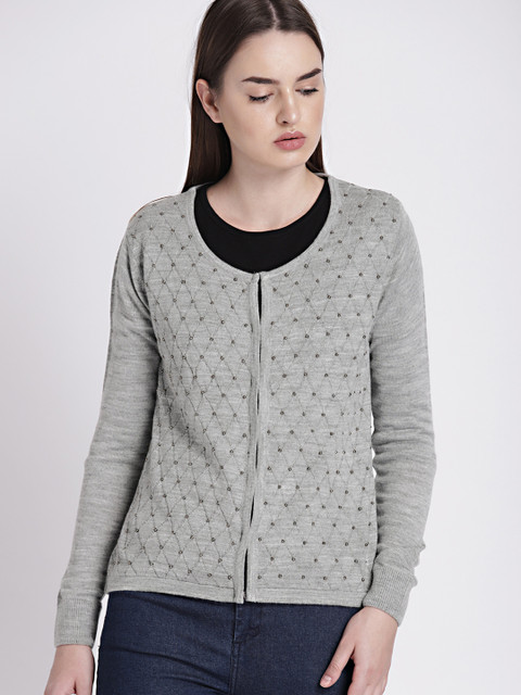 

Chemistry Women Grey Melange Self Design Embellished Cardigan