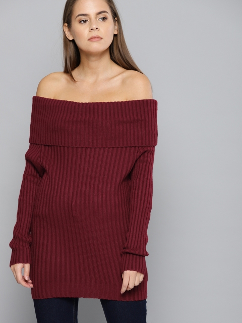 

Chemistry Women Maroon Solid Off-shoulder Longline Pullover Sweater