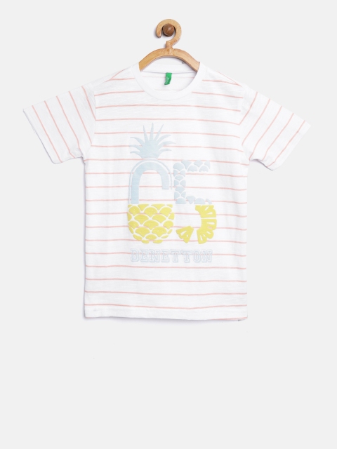 

United Colors of Benetton Boys White & Peach-Coloured Striped Round Neck T-shirt