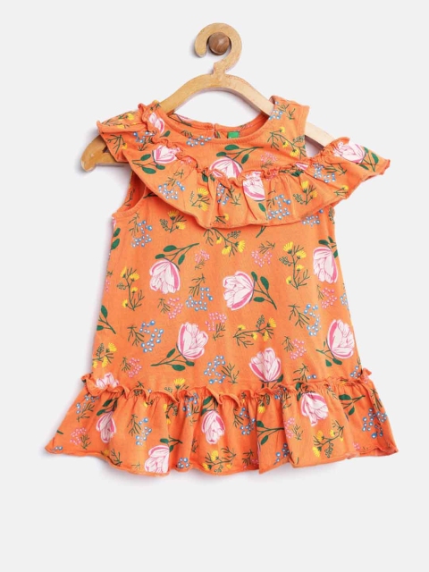 

United Colors of Benetton Girls Orange Floral Print A-Line Dress