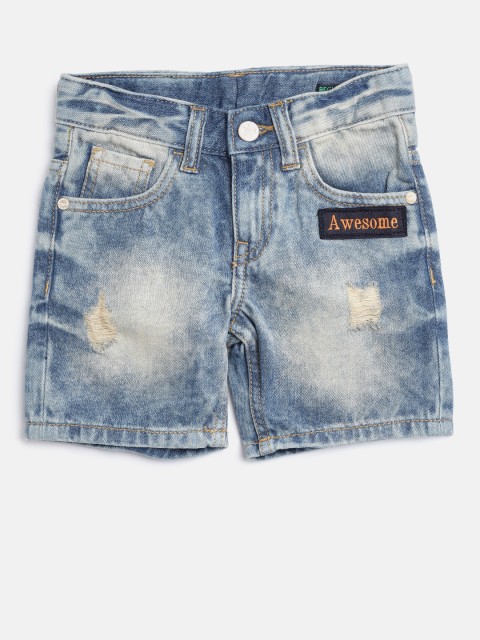 

United Colors of Benetton Boys Blue Washed Mildly-Distressed Regular Fit Denim Shorts