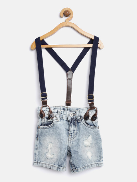

United Colors of Benetton Boys Blue Washed Regular Fit Denim Shorts with Suspenders