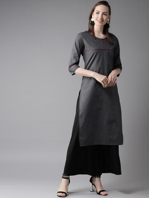 

HERE&NOW Women Grey & Black Striped Straight Kurta