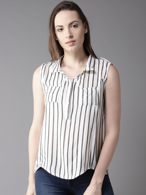 

HERE&NOW Women Charcoal Grey & White Striped Shirt Style Top