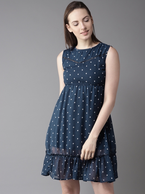

HERE&NOW Women Navy Blue Polka Dot Print Empire Dress
