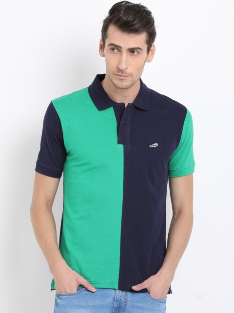 

Crocodile Men Sea Green & Navy Blue Colourblocked Polo Collar T-shirt