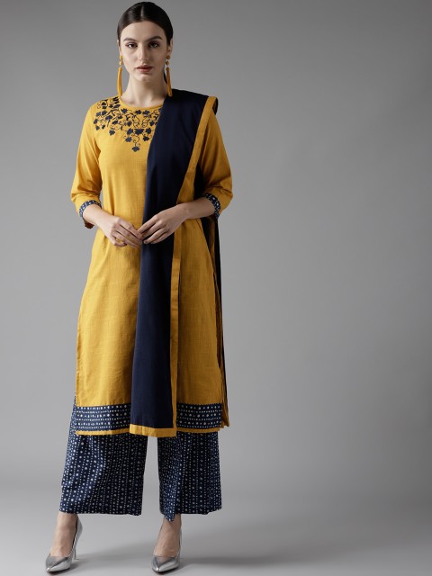 

HERE&NOW Women Navy Blue & Mustard Yellow Yoke Design Kurta with Palazzos & Dupatta