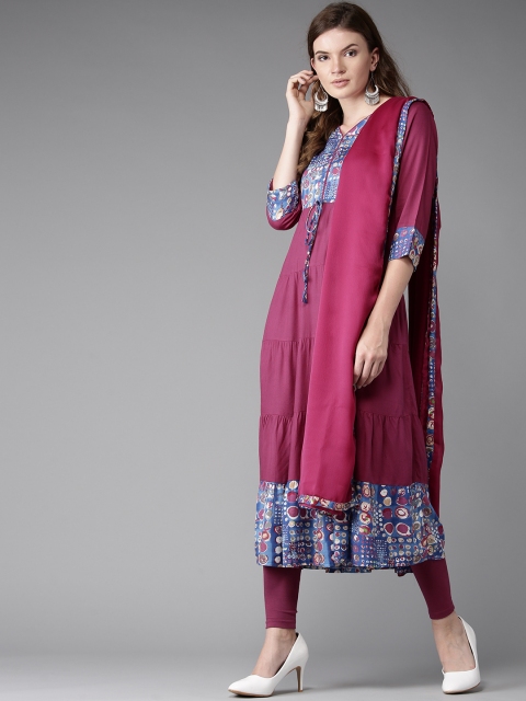 

HERE&NOW Women Burgundy Yoke Design Kurta with Churidar & Dupatta