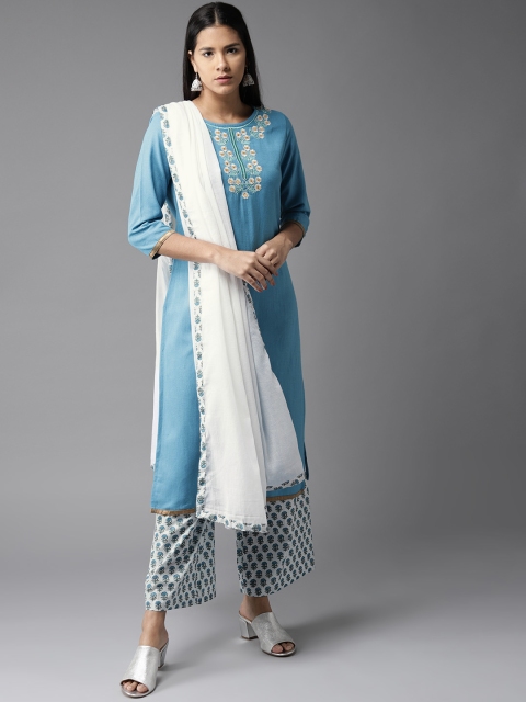 

HERE&NOW Women Blue & White Yoke Design Kurta with Palazzos & Dupatta