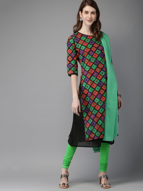 

HERE&NOW Women Red & Green Printed Layered Kurta with Churidar & Dupatta