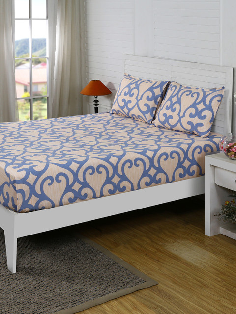 

MASPAR Beige & Blue 210 TC Cotton Fine Queen Bedsheet with 2 Pillow Covers