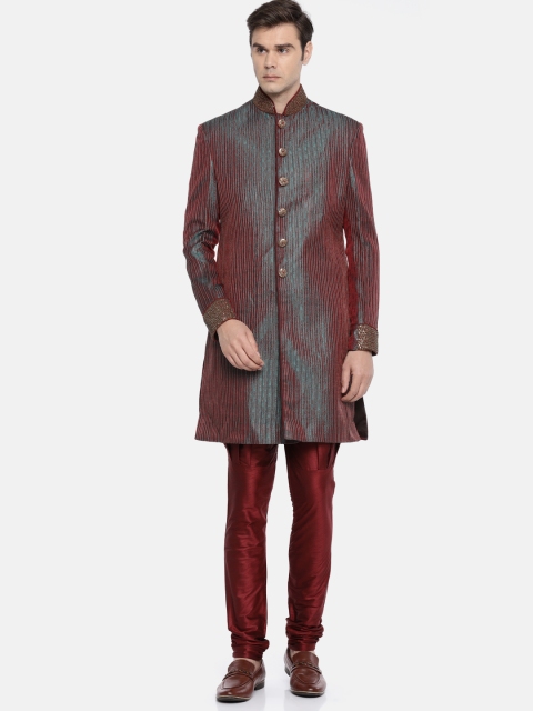 

Manish Creations Men Maroon & Teal Blue Embroidered Sherwani