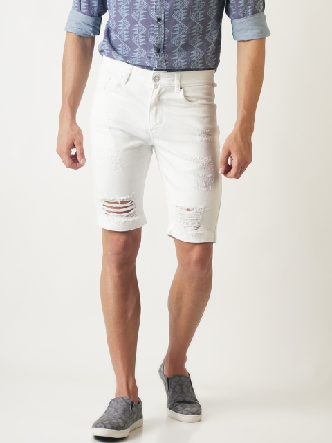 

Blue Saint Men White Solid Slim Fit Denim Shorts