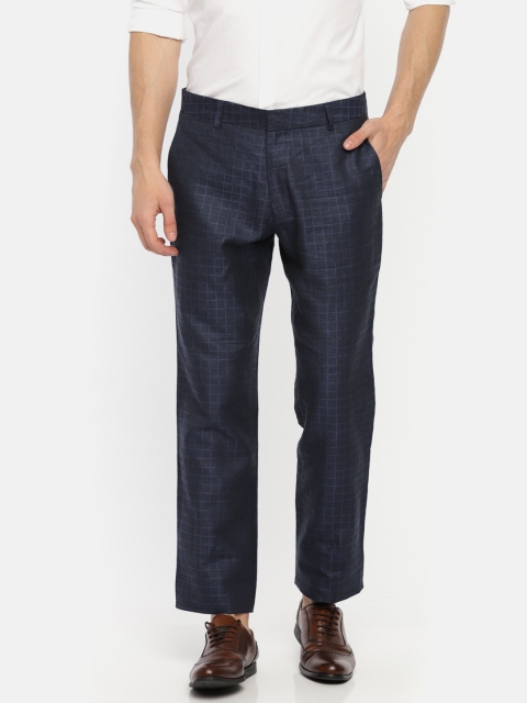 

Louis Park Men Navy Blue Tailored Slim Fit Checked Regular Trousers