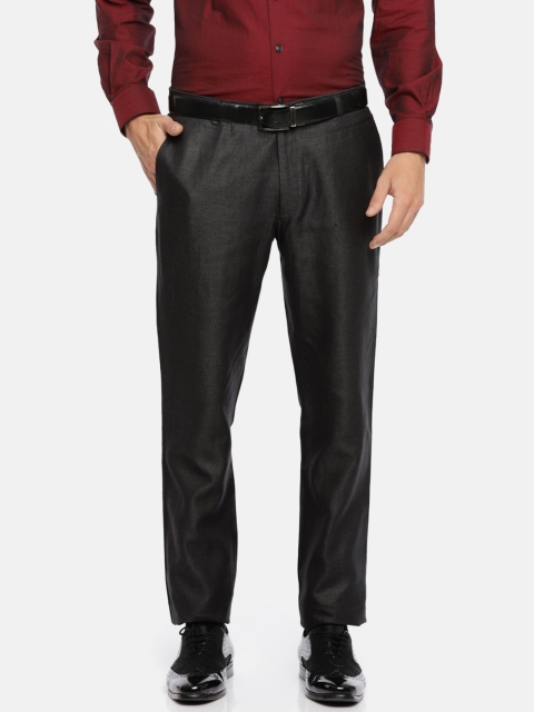 

Louis Park Men Charcoal Grey Comfort Slim Fit Self Design Formal Linen Trousers