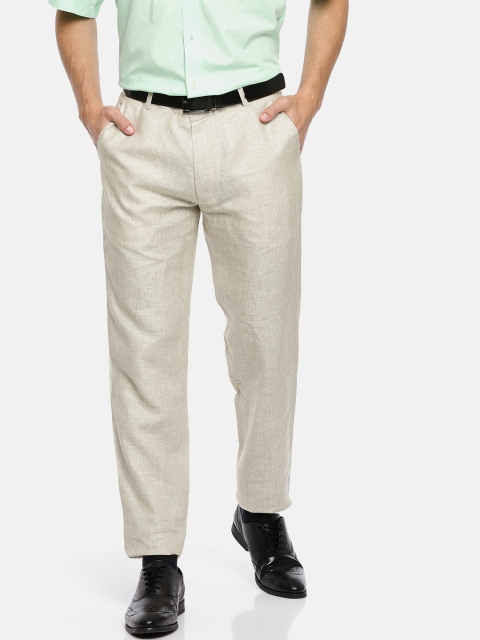 

Louis Park Men Cream-Coloured Comfort Slim Fit Self-Design Linen Formal Trousers