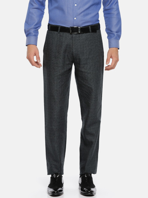 

Louis Park Men Charcoal Grey Comfort Slim Fit Printed Linen Formal Trousers