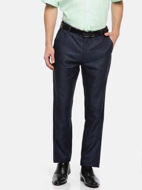 

Louis Park Men Navy Blue Comfort Slim Fit Self-Design Formal Linen Trousers