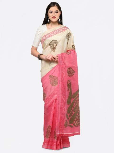 

Saree mall Cream-Coloured & Pink Printed Khadi Saree
