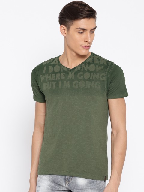 

SPYKAR Men Olive Green Solid V-Neck Pure Cotton T-shirt
