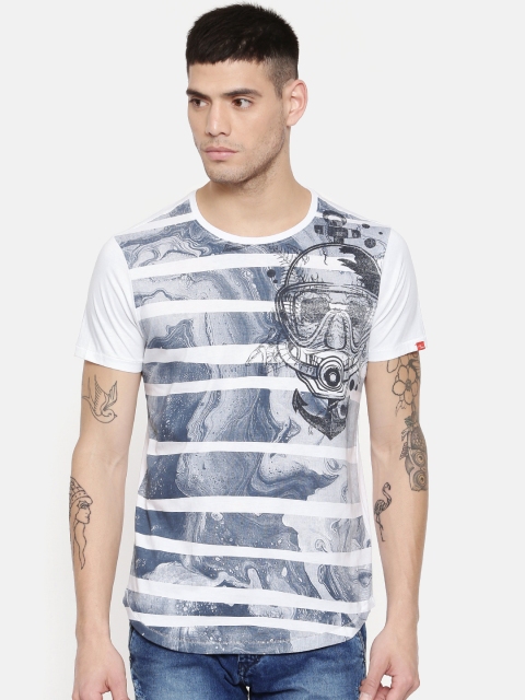 

SPYKAR Men White Printed Round Neck Pure Cotton T-shirt