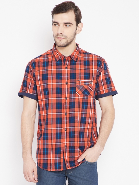 

SPYKAR Men Orange & Navy Blue Regular Fit Checked Casual Shirt
