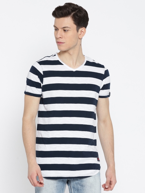 

SPYKAR Men Navy & White Striped V-Neck T-shirt, Navy blue