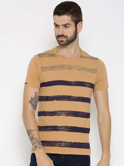 

SPYKAR Men Khaki & Navy Striped Round Neck T-shirt