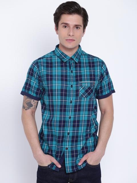 

SPYKAR Men Green & Navy Blue Regular Fit Checked Casual Shirt