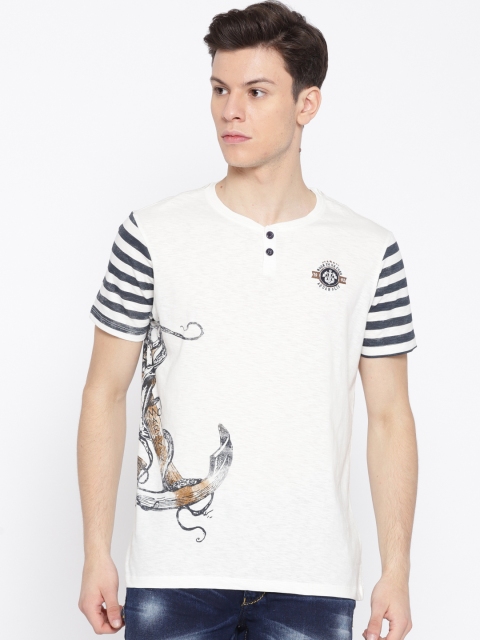 

SPYKAR Men Off-White Printed Henley Neck T-shirt