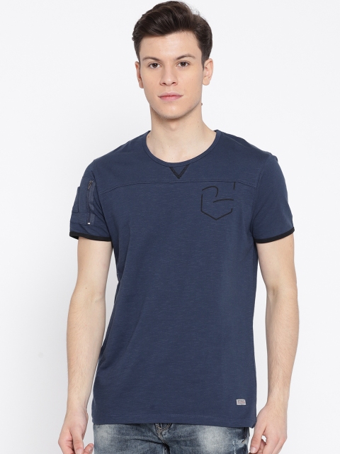 

SPYKAR Men Navy Blue Solid Round Neck Pure Cotton T-shirt