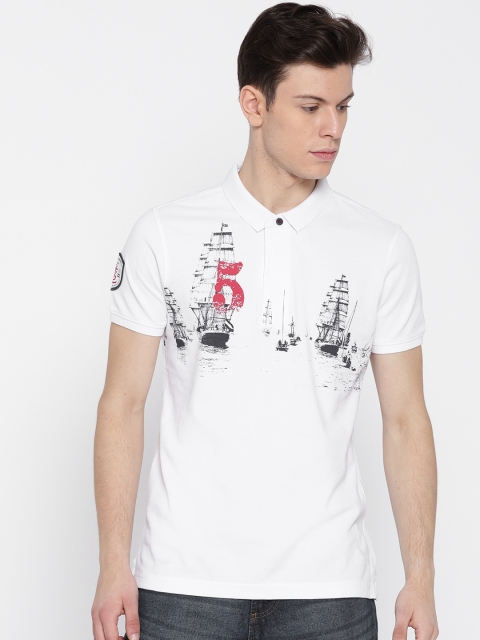 

SPYKAR Men White Printed Polo Collar Pure Cotton T-shirt