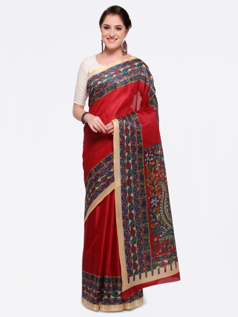 

Saree mall Women Red Silk Blend Printed Khadi Saree