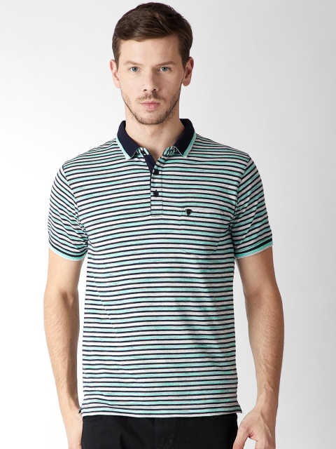 

Okane Men Sea Green Striped Polo Collar T-shirt