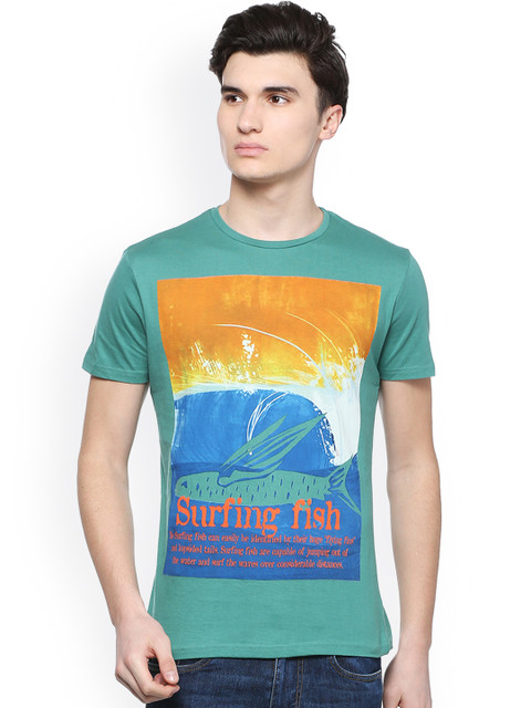 

People Men Sea Green Printed Round Neck T-shirt
