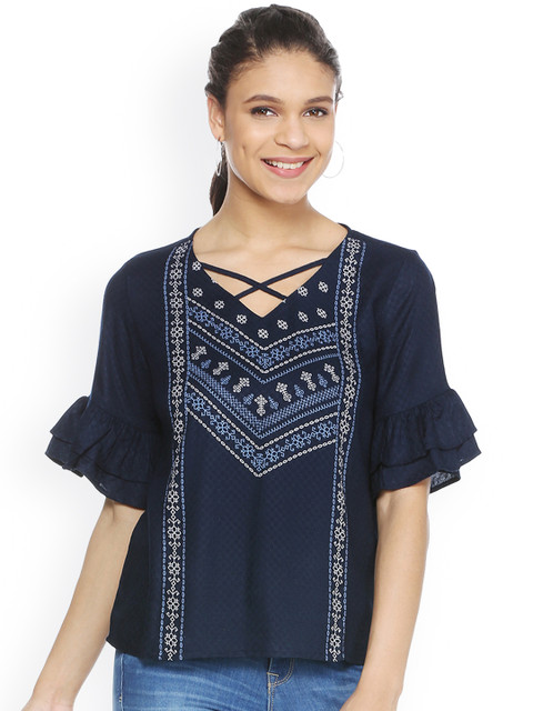 

People Women Navy Blue Self Design A-Line Top