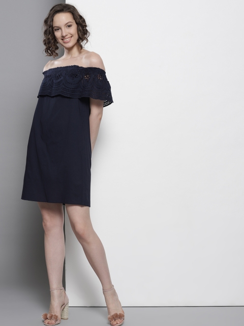 

DOROTHY PERKINS Women Navy Blue Solid Off-Shoulder A-Line Dress
