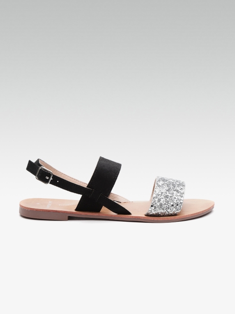 

DOROTHY PERKINS Women Black & Silver-Toned Embellished Open Toe Flats