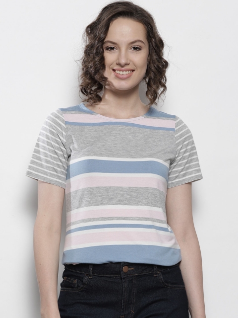 

DOROTHY PERKINS Women Grey Melange & Blue Striped Round Neck T-shirt