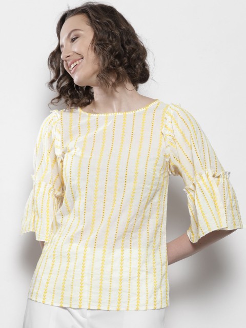 

DOROTHY PERKINS Women Off-White & Yellow Embroidered Top