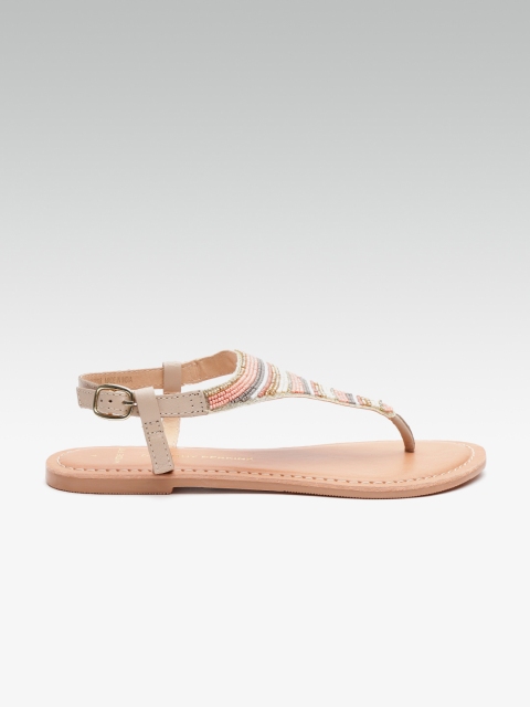 

DOROTHY PERKINS Women Peach-Coloured & Off-White Beaded Open-Toe Flats