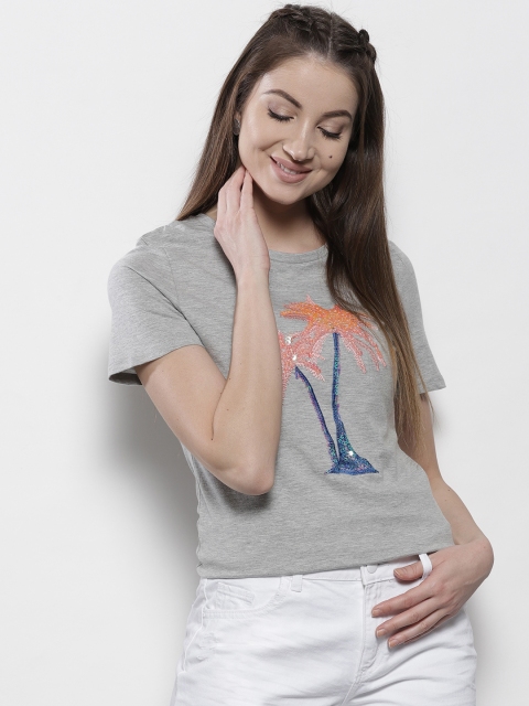 

DOROTHY PERKINS Women Grey Melange Sequinned Round Neck T-shirt