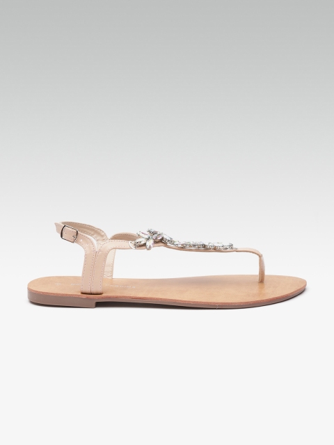 

DOROTHY PERKINS Women Peach-Coloured Solid Stone-Studded T-Strap Flats