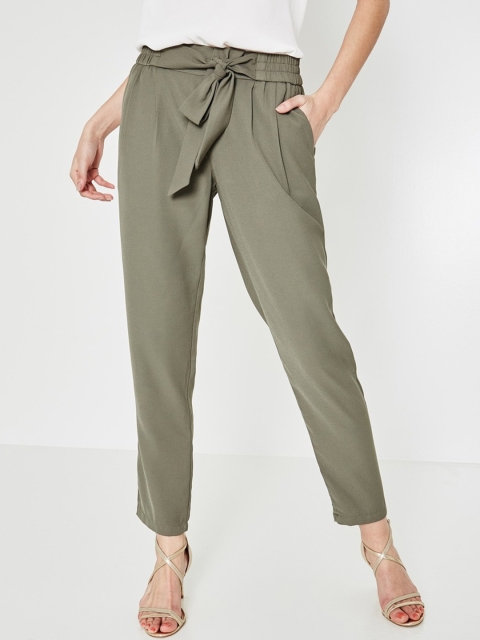 

promod Women Olive Green Regular Fit Solid Peg Trousers