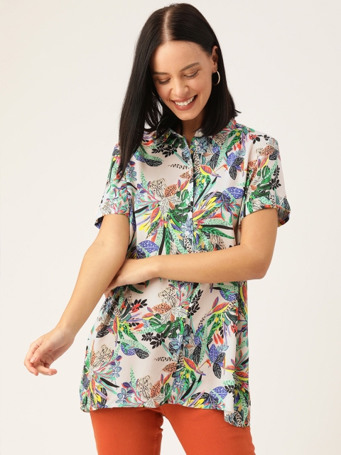 

promod Women Pink & Green Regular Fit Tropical Printed Casual Shirt