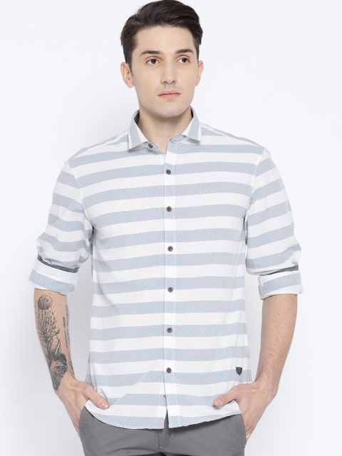 

John Players Men White & Blue Trim Fit Striped Casual Shirt