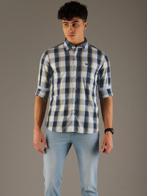 

Flying Machine Men Navy & White Slim Fit Checked Casual Shirt, Navy blue