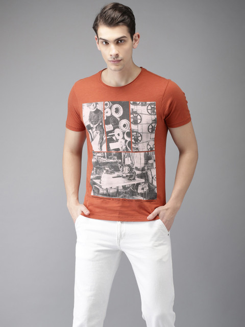 

Flying Machine Men Rust Printed Round Neck T-shirt