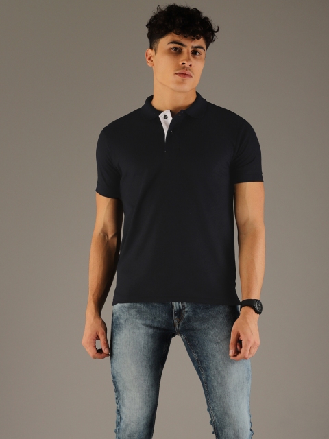 

Flying Machine Men Navy Solid Polo Collar Pure Cotton T-shirt, Navy blue